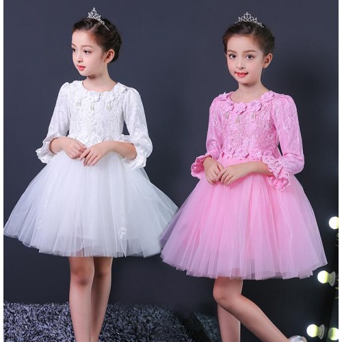 White pink flowers girls modern dance dresses host stage performance girl's kids children singers jazz dancing dresses costumes
